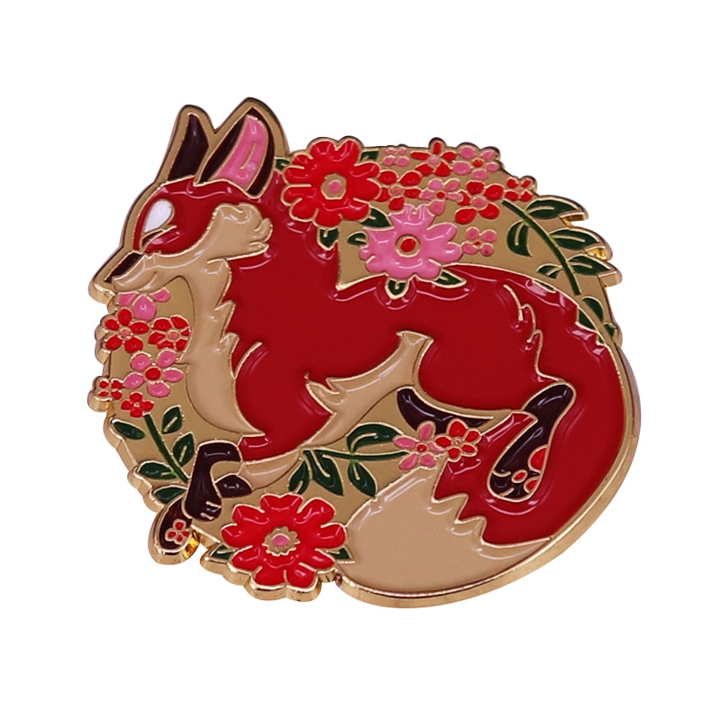 Beautiful red fox and flower brooch wildlife badge