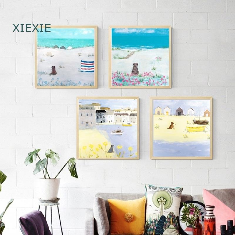 Cartoon Canvas Painting Watercolor Hand-Painted Seaside Flower Bush Pet Dog Wall Art for Kid's Room Bedroom Decoration