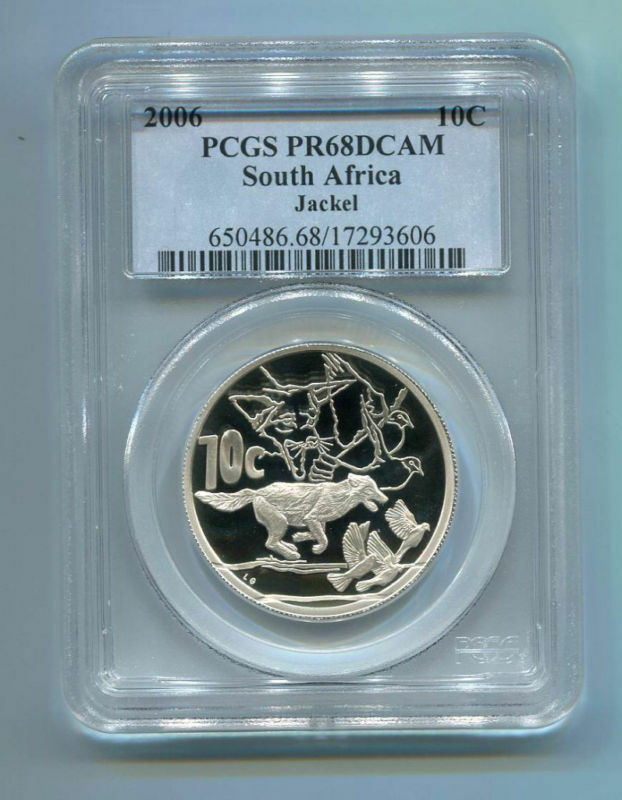 PCGS Certified PR68DCAM South Africa 2006 10c Silver Black Backed Jackal Coin
